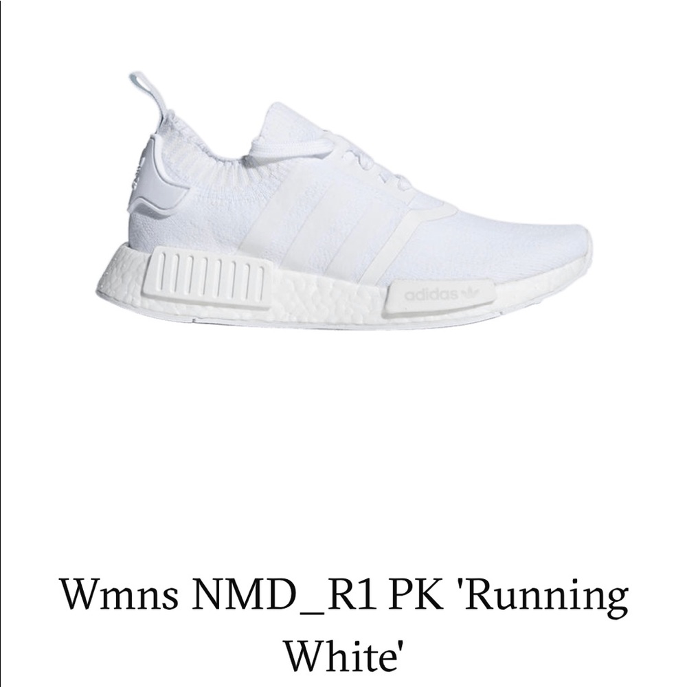 Adidas NMD R1 Primeknit white sneakers, size 7